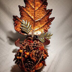 Lot of 2 Fall Items - Footed Metal Leaf Tray & Round Pine Cone Ball